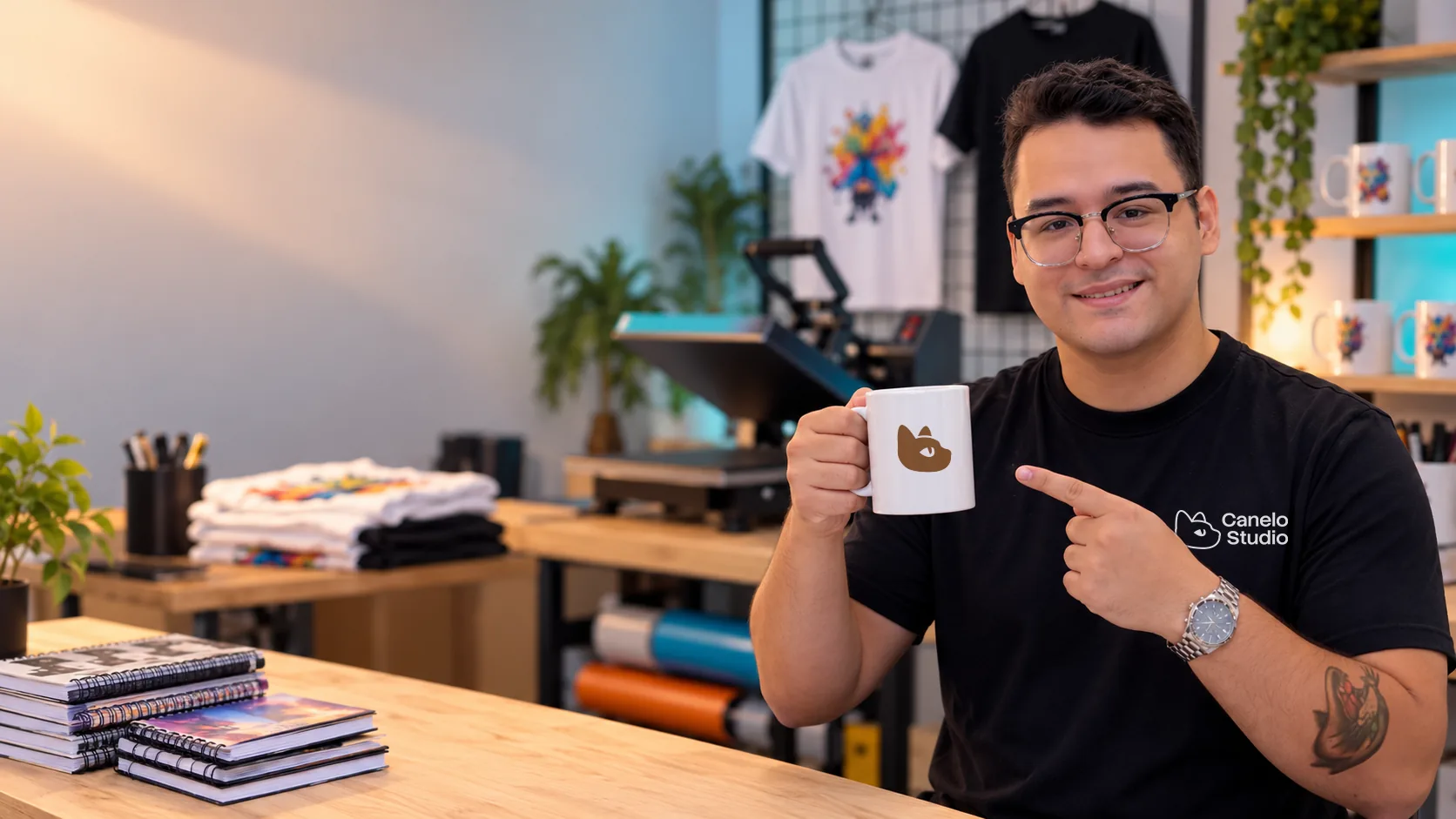 Taller de Canelo Studio: taza personalizada, franelas estampadas y libretas listas para entregar